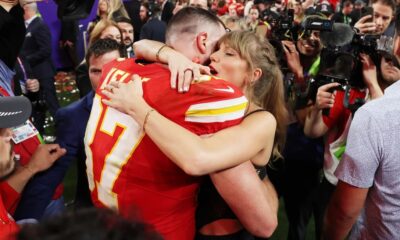 Travis Kelce of Kansas City Chiefs and Taylor Swift embrace after defeating the San Francisco 49ers in overtime during Super Bowl LVIII